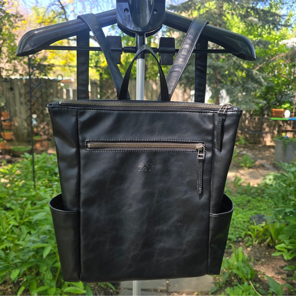 Freshly Picked Minimalist Diaper Bag Backpack Black Vegan Leather Tote Pockets - Picture 2 of 9